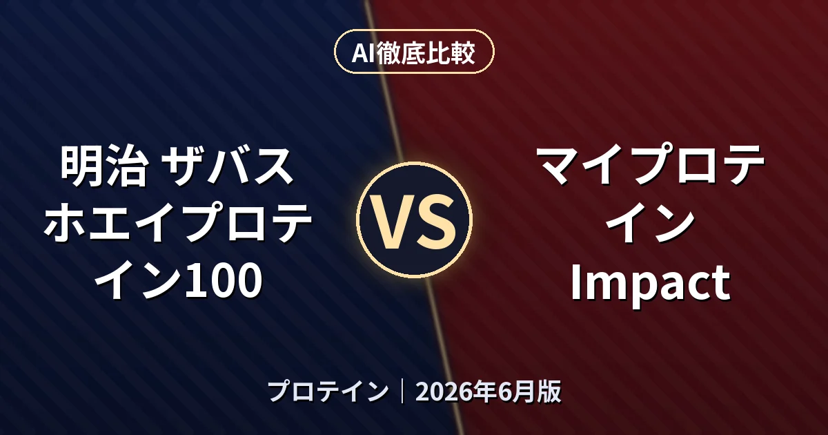 明治 ザバス ホエイプロテイン100 vs マイプロテイン Impact|プロテインAI徹底比較 (2026年6月版)